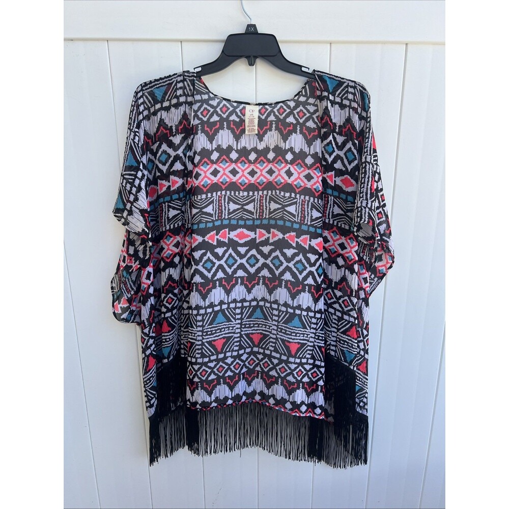 OP Sheer Kimono Womens Large Tribal Fringe CoverUp Festival Beach Boho Cardigan